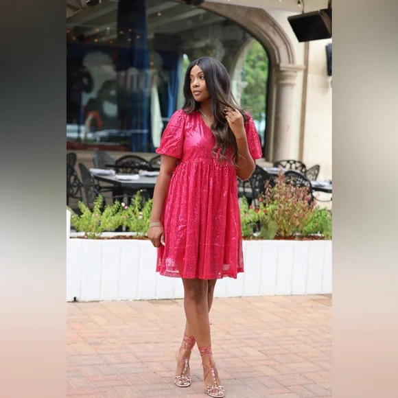 ALL THAT SHIMMERS SEQUIN DRESS IN MAGENTA BY PINK DESERT M - Picture 4 of 6